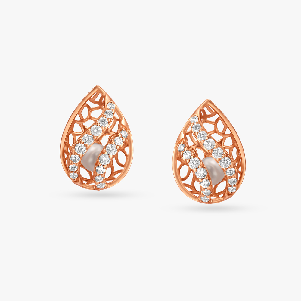 Delicate Mesh Pearl and Diamond Stud Earrings,,hi-res image number null