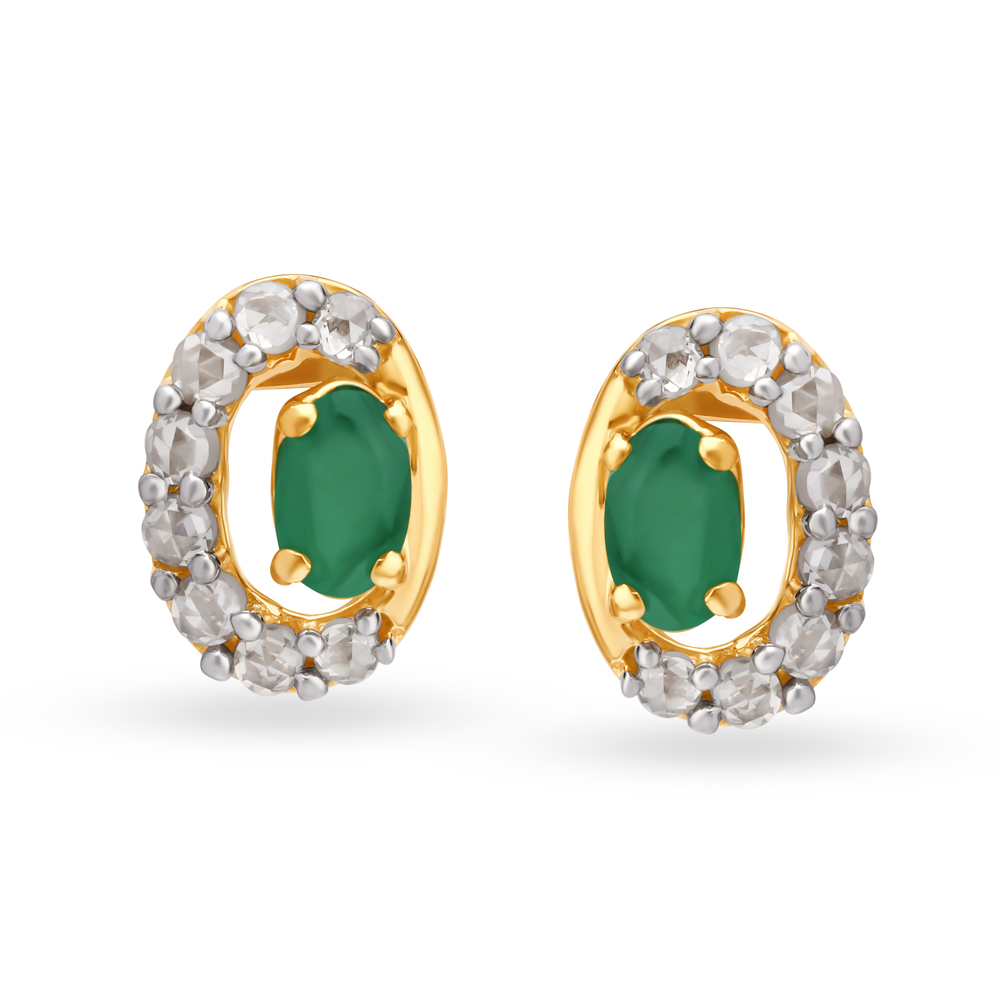 Modern 18 Karat Yellow Gold And Polki Diamond Oval Stud Earrings