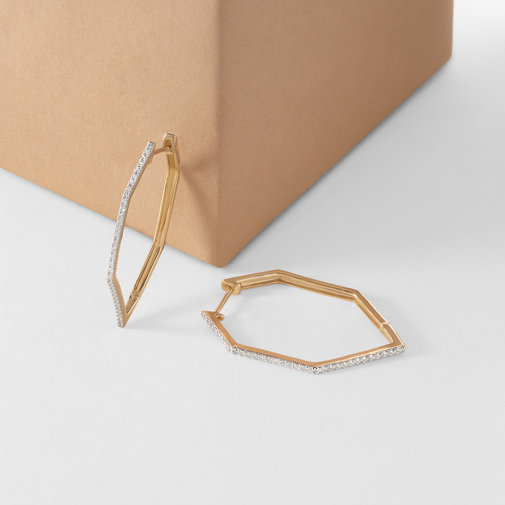Hexa Bold Gold & Diamond Hoop Earrings,,hi-res image number null