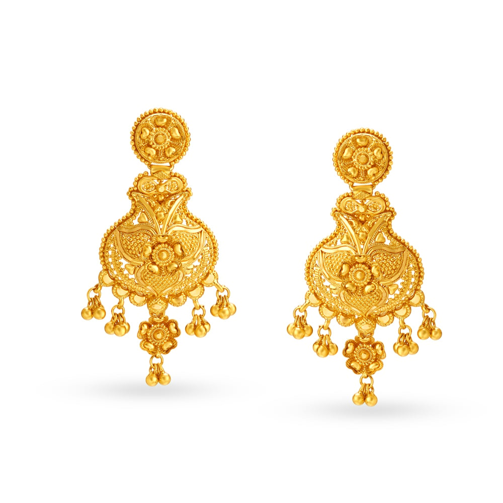 Floral Gold Drop Earrings in Rava Work