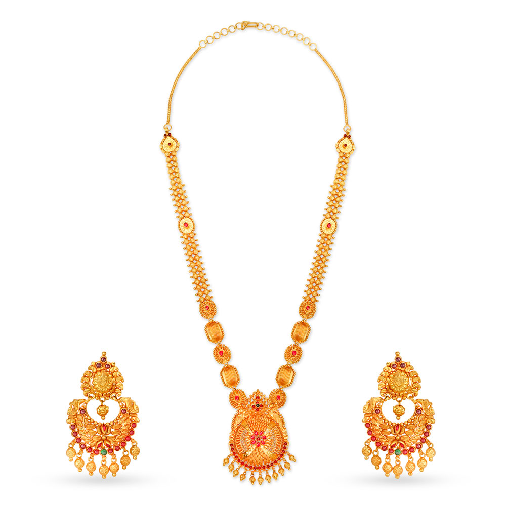 Peacock Motif Rawa Work Gold Necklace Set,,hi-res image number null