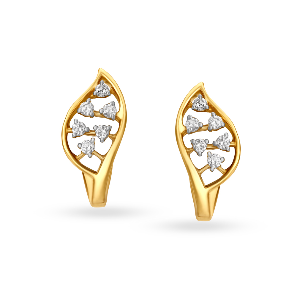 Leaf Inspired Gold and Diamond Hoop Earrings,,hi-res image number null