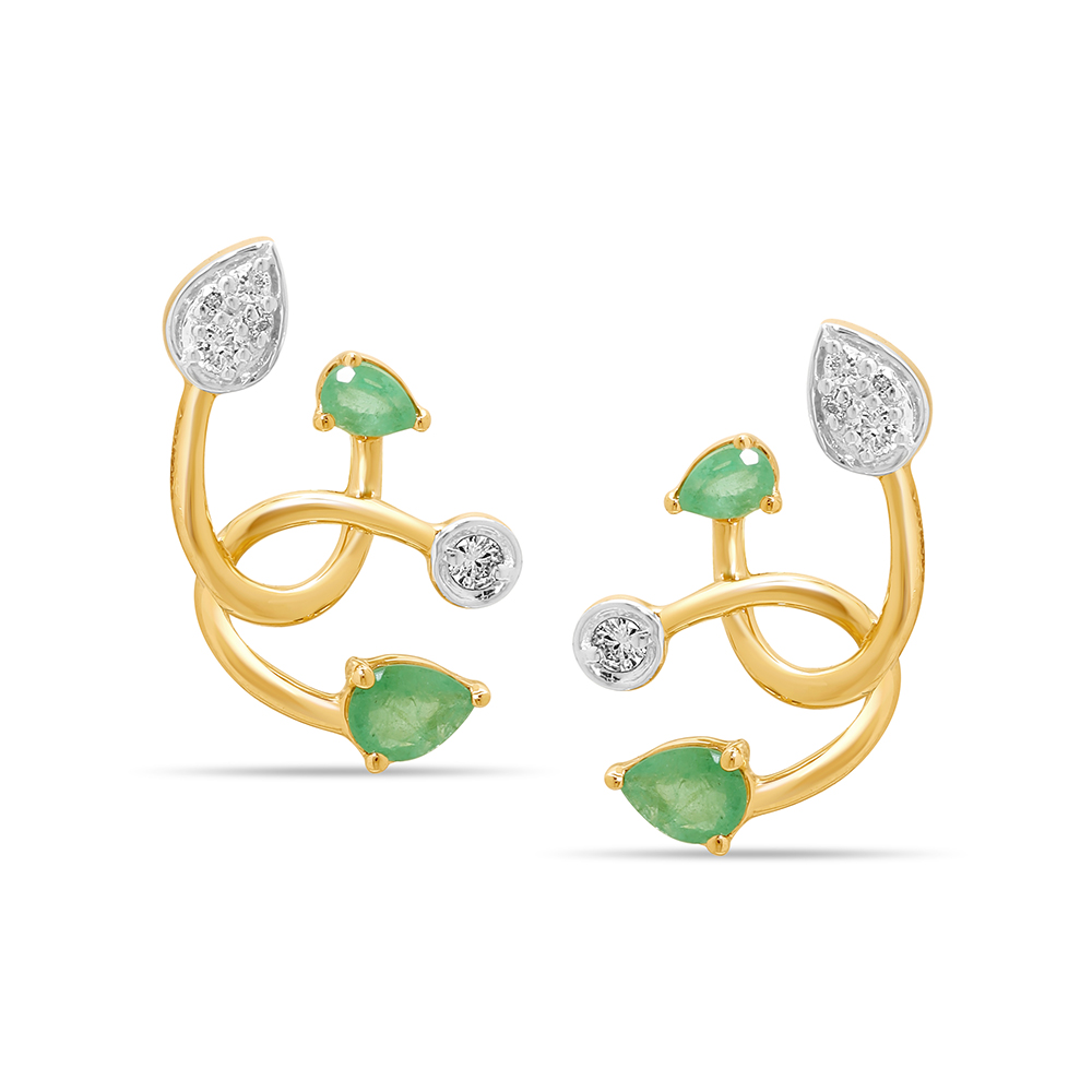 14KT Yellow Gold Flowy Emerald And Diamond Stud Earrings,,hi-res image number null