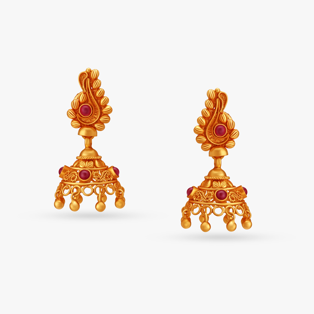 Ishin Gold Plated Red Mirror Paisley Shaped Jhumka