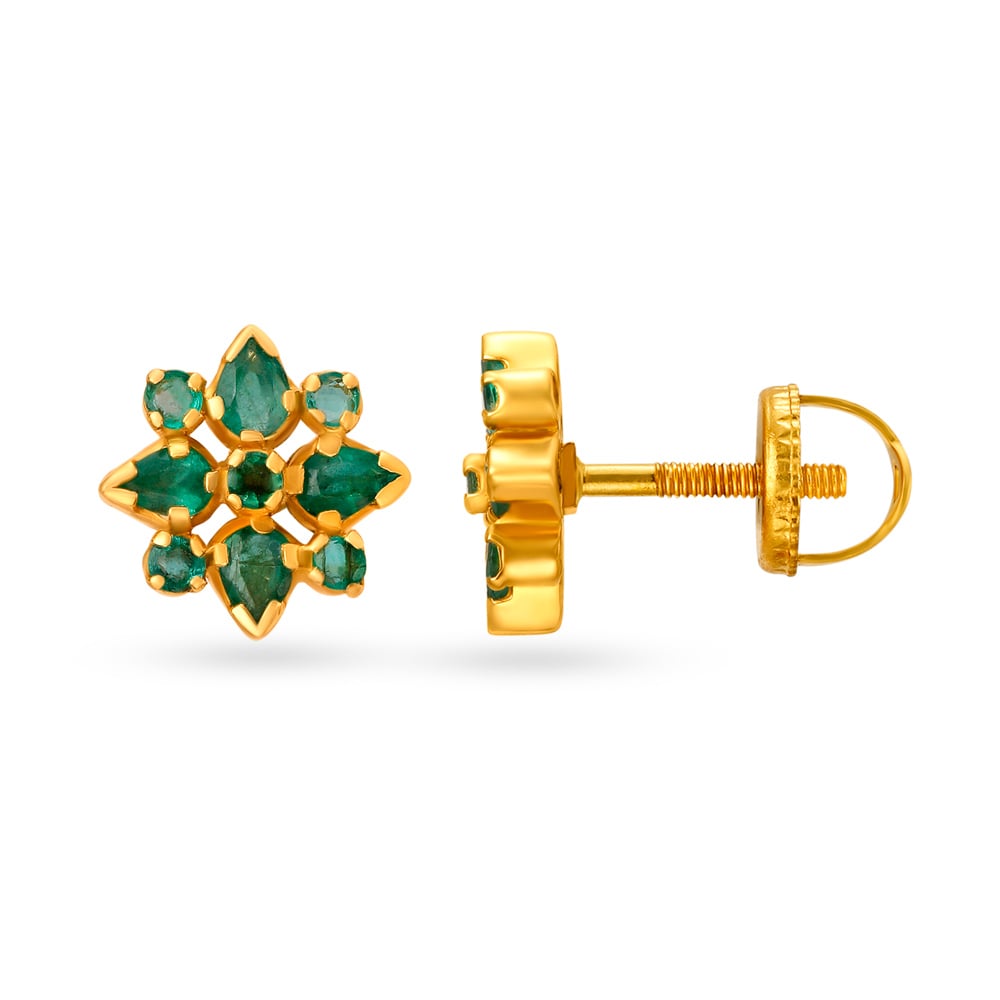 Ornamental 22 Karat Gold And Emerald Stud Earrings,,hi-res image number null