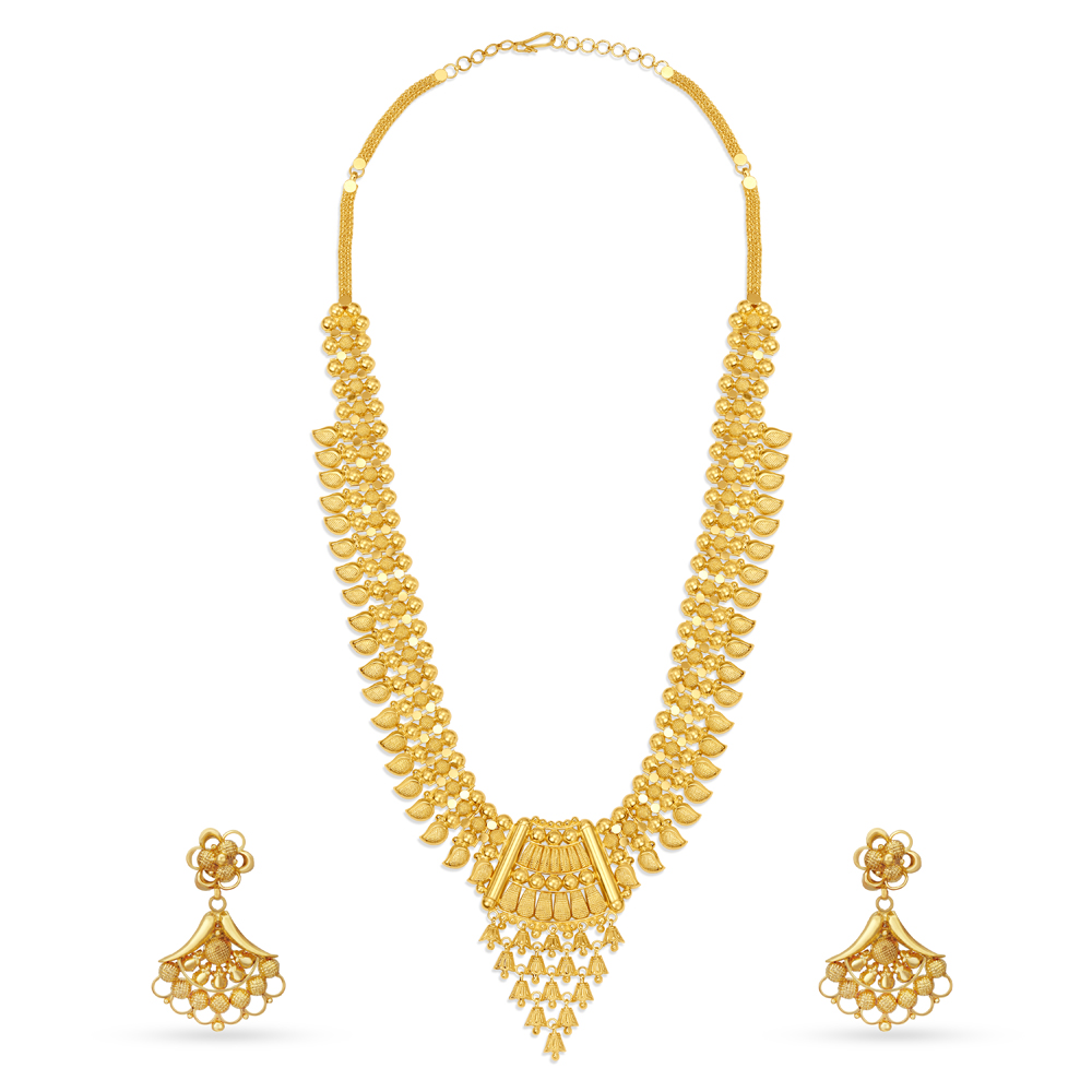 Exquisite Yellow Gold Bell Necklace and Earrings Set