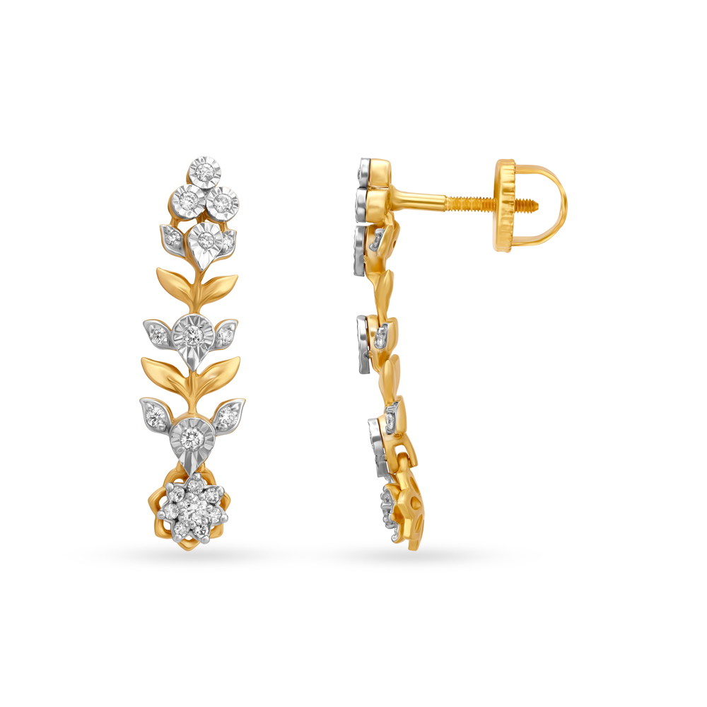 Nature Inspired Gold and Diamond Drop Earrings,,hi-res image number null