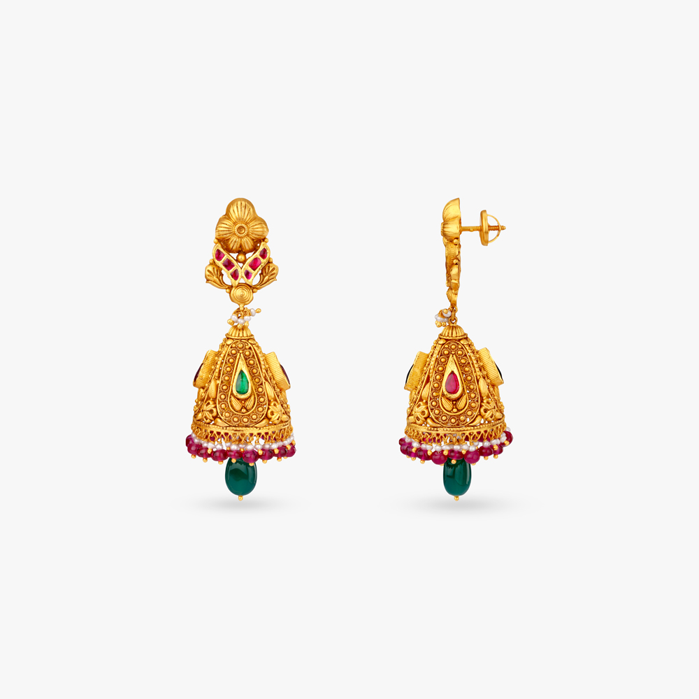 Floral Cascade Gold Jhumka Earrings,,hi-res image number null