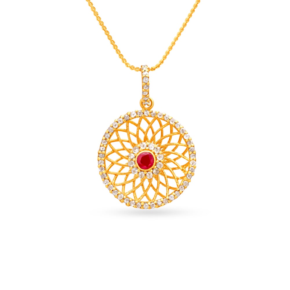 Ruby Gold Pendant With Floral And Wheel Motif