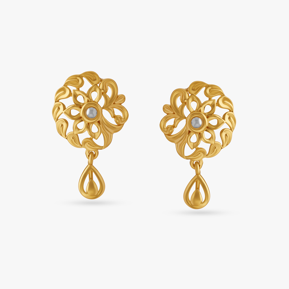 Ornate Spiral Motif Gold Drop Earrings