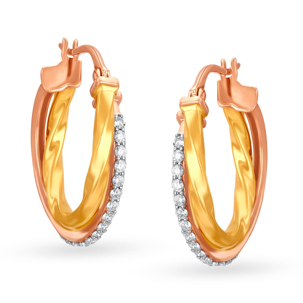 Stylish 18 Karat Yellow And Rose Gold And Diamond Twined Hoops,,hi-res image number null