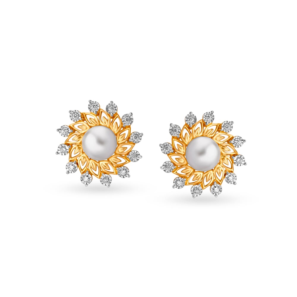 Magnificent Floral Diamond Stud Earrings in Yellow and White Gold,,hi-res image number null