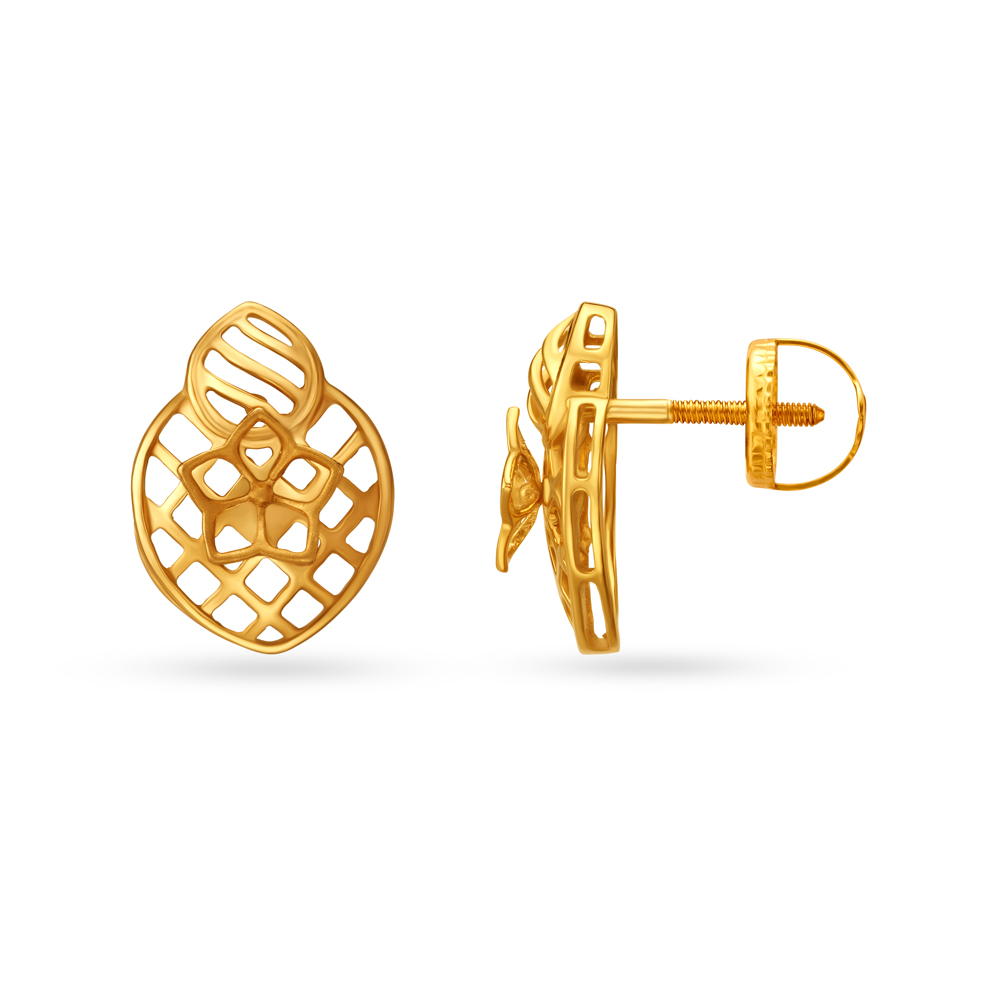 Floral Motif Gold Stud Earrings With Jali Work,,hi-res image number null