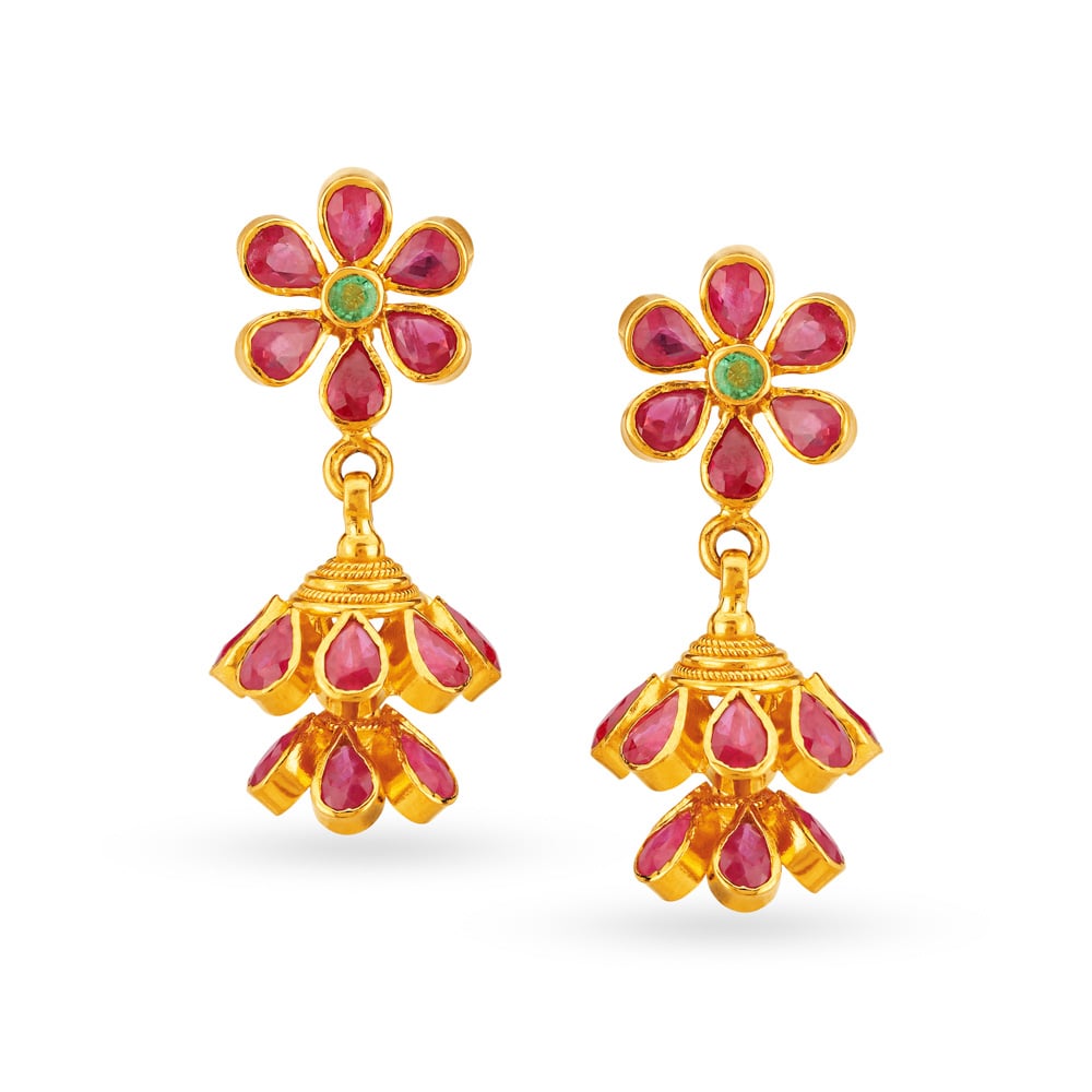 Traditional 22 Karat Gold And Ruby Drop Earrings