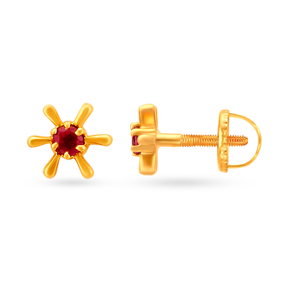 Radiant 18 Karat Yellow Gold And Ruby Floral Studs,,hi-res image number null