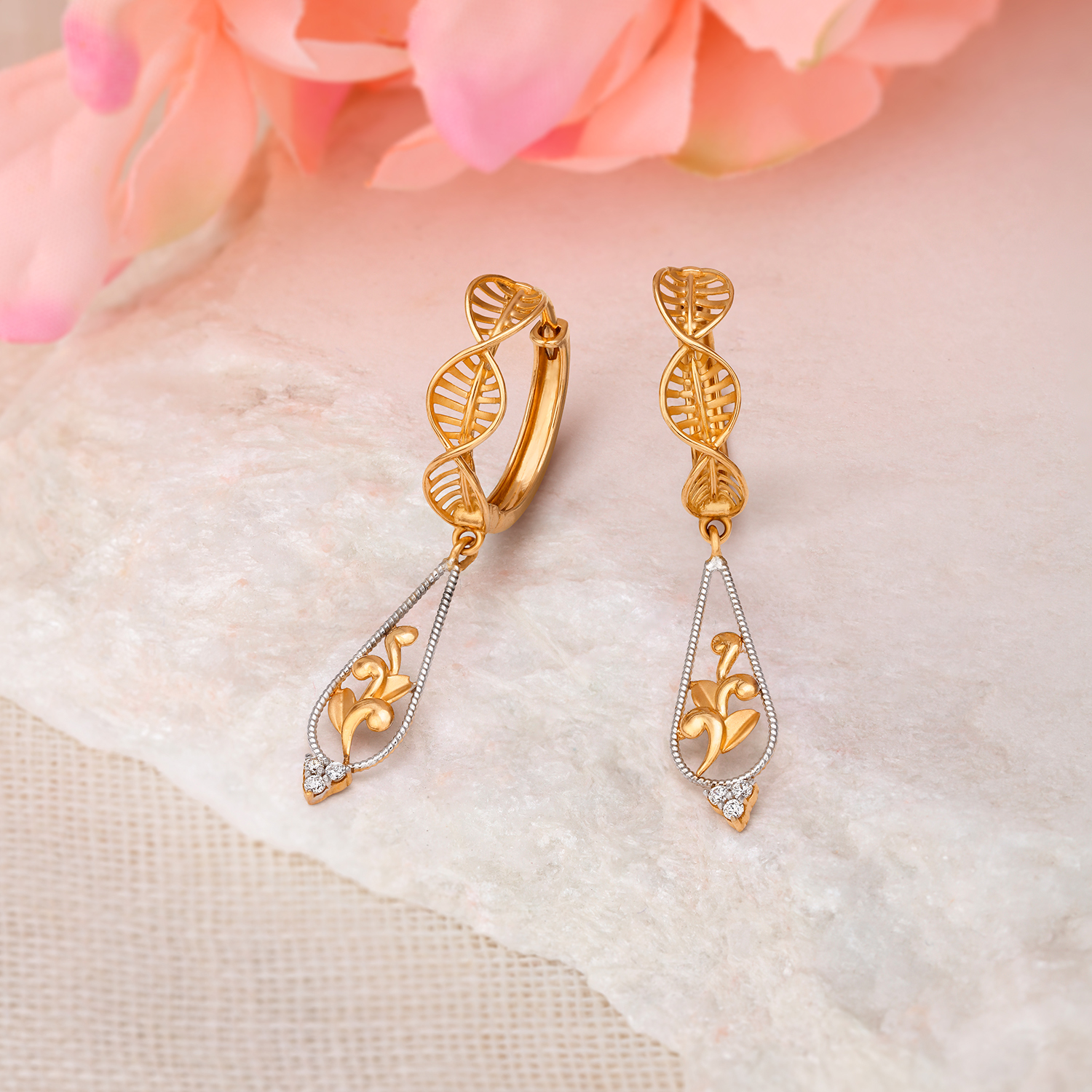 Gold Hoop Earrings With Spiral Design And Leaf Motif