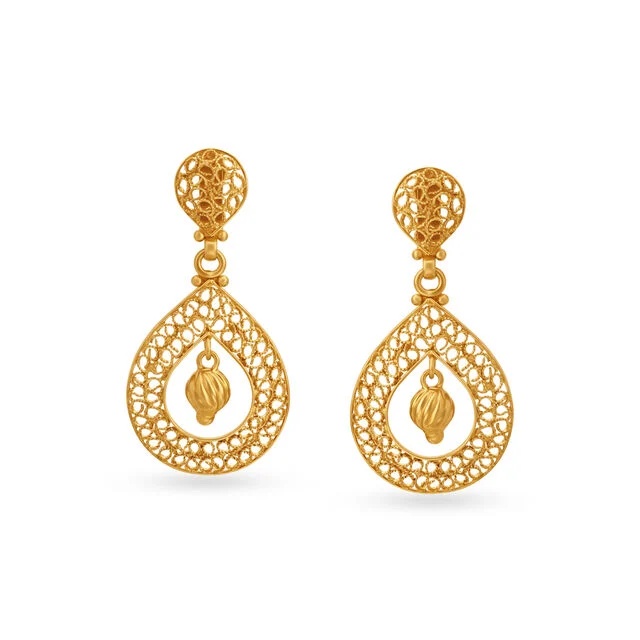 Traditional Gold Jali Work Mesh Drop Earrings,,hi-res image number null