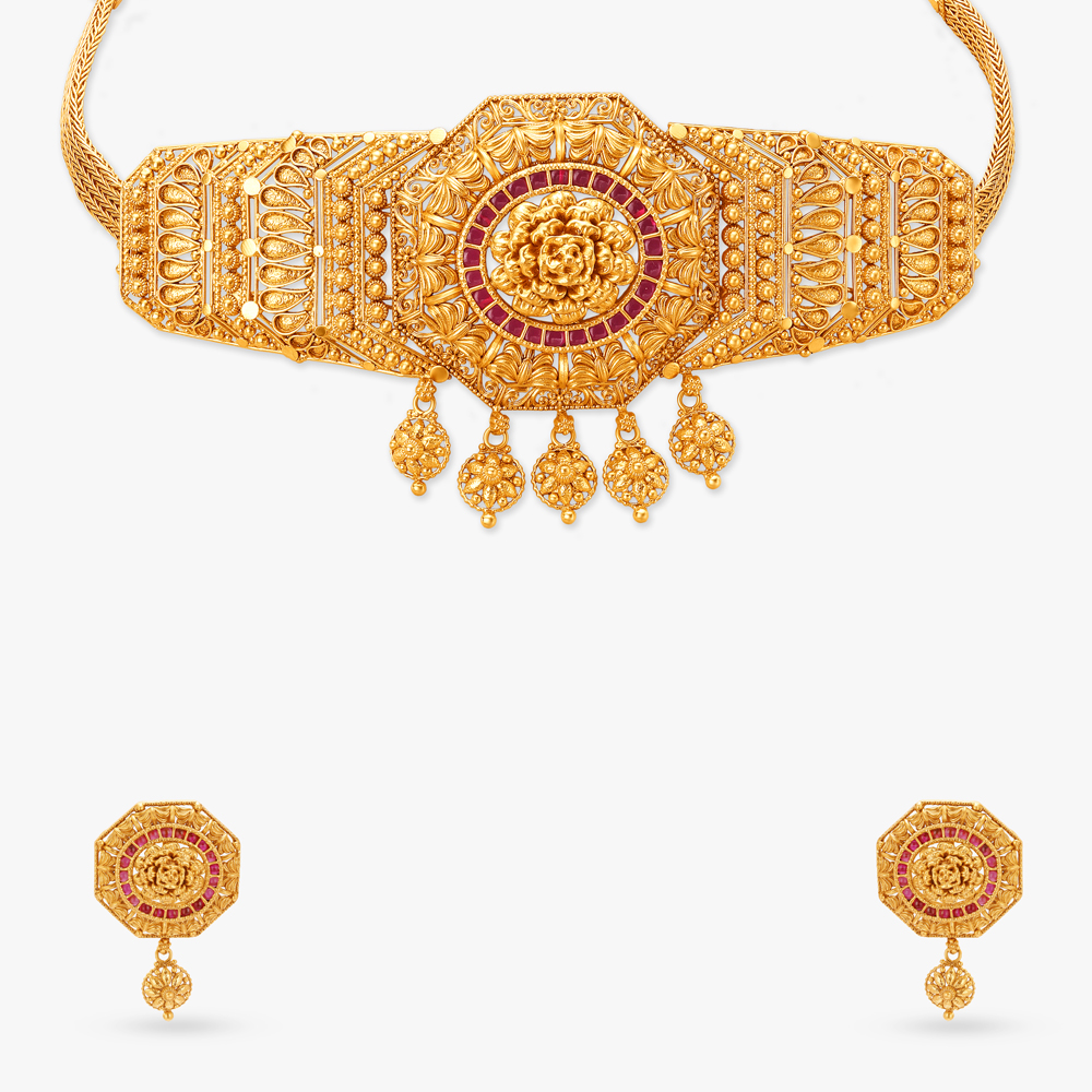 Grandeur Floral Gold Choker Set,,hi-res image number null