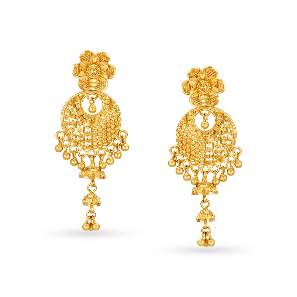 Enchanting 22 Karat Yellow Gold Floral Chandbali Style Drop Earrings