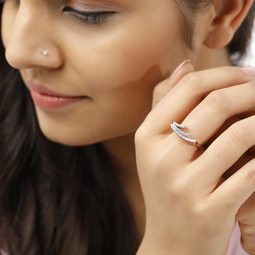 14 KT Sea Wave Diamond Studded Rose Gold Ring,,hi-res image number null