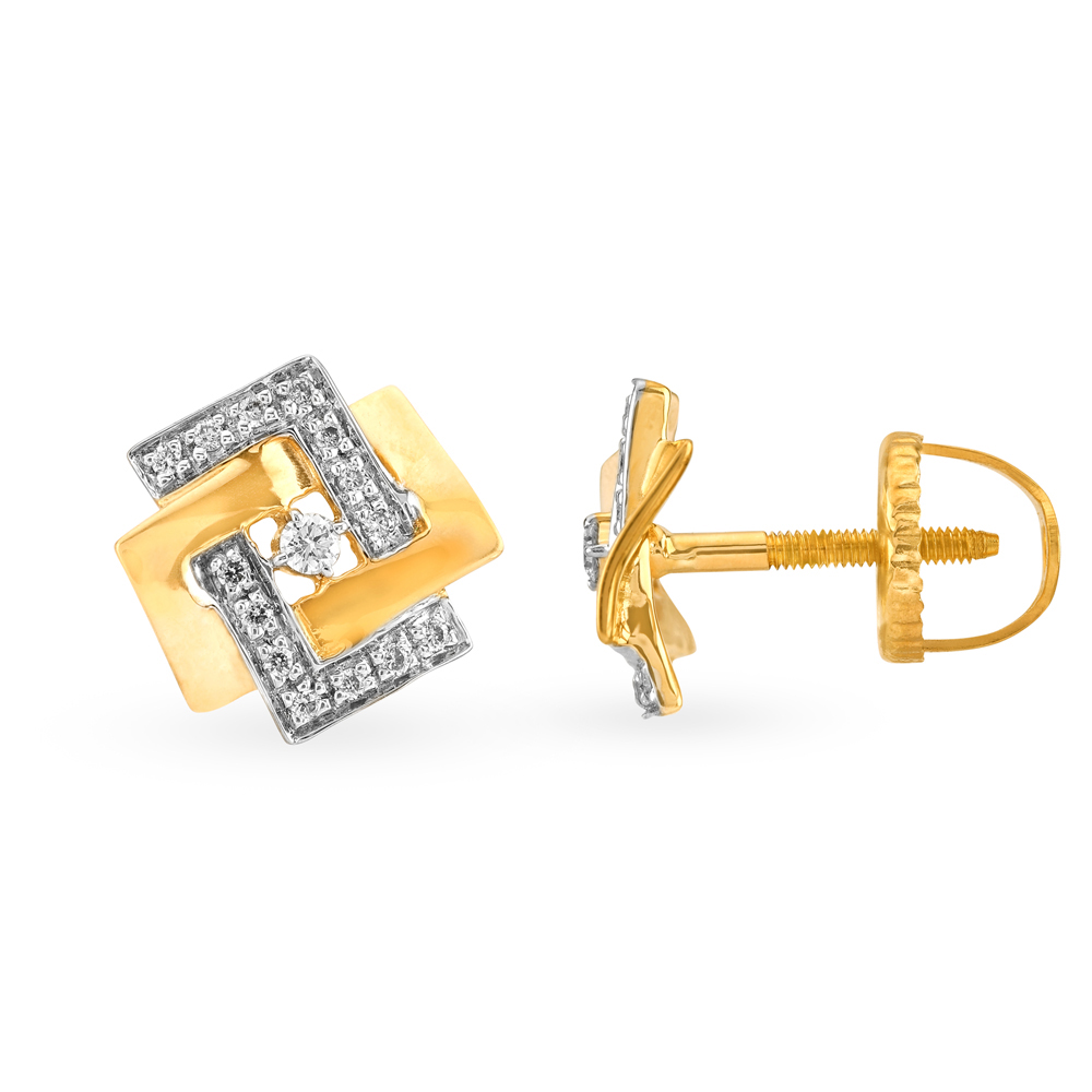 Geometric Gold and Diamond Stud Earrings,,hi-res image number null