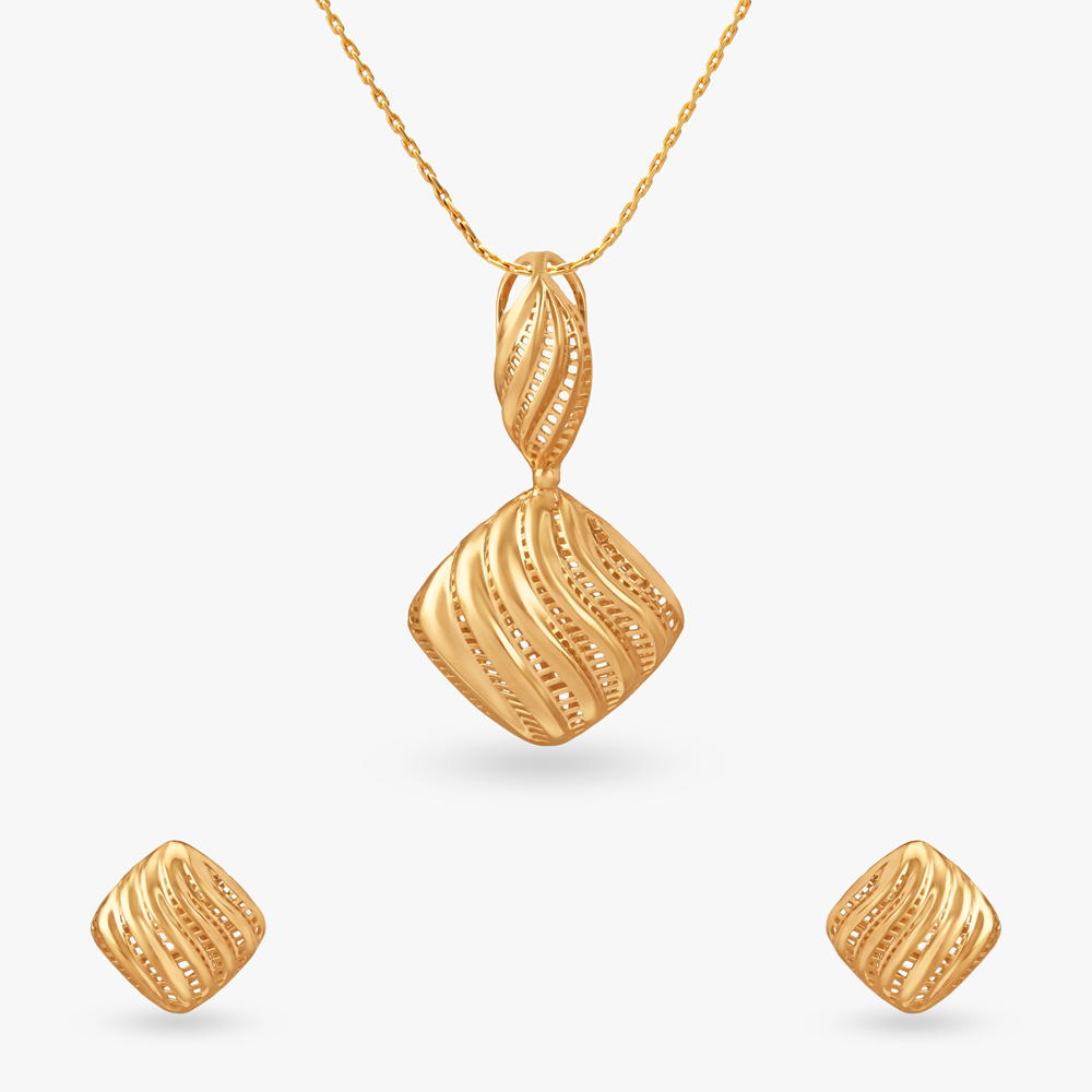 Ripple Form Gold Pendant and Earring Set,,hi-res image number null
