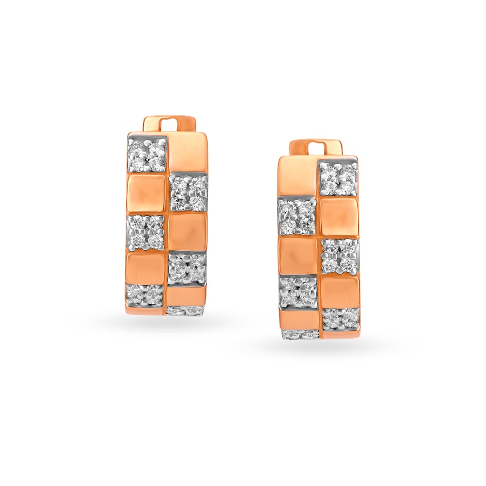 Checkered Rose Gold and Diamond Hoop Earrings