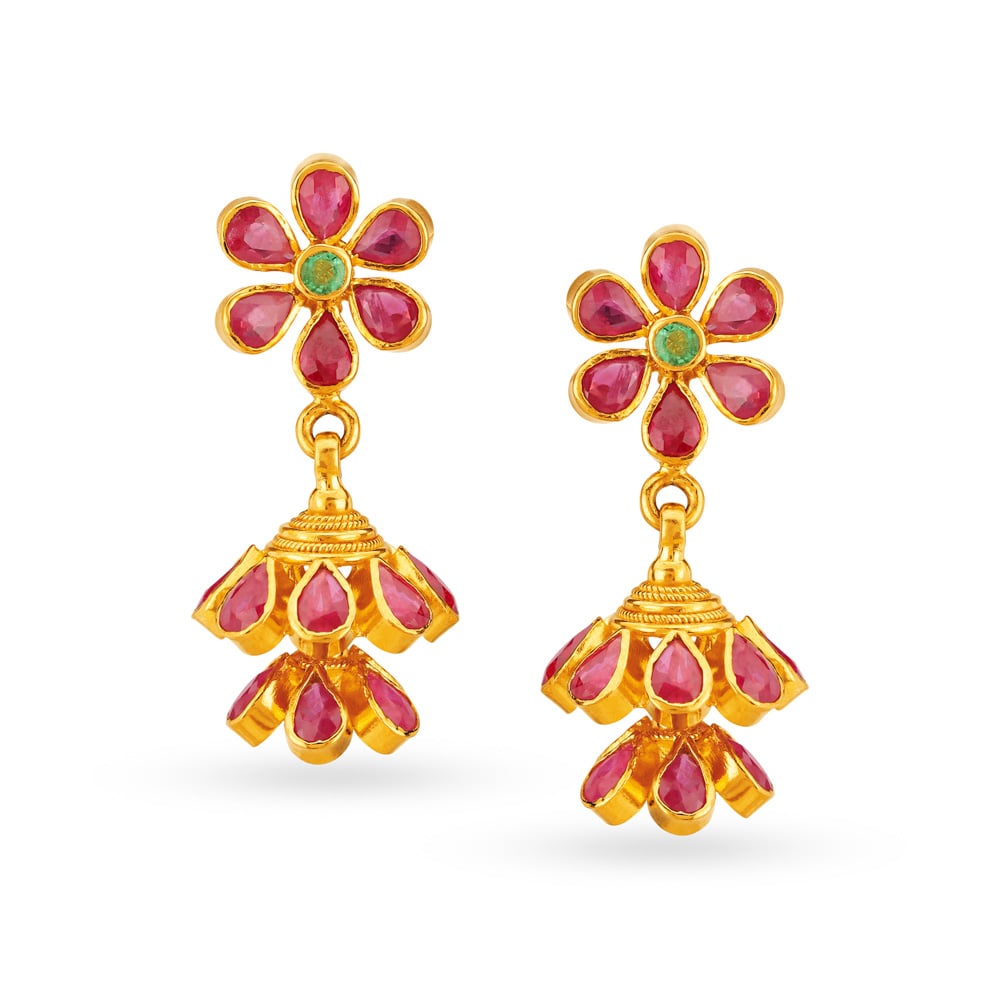 Traditional 22 Karat Gold And Ruby Drop Earrings,,hi-res image number null
