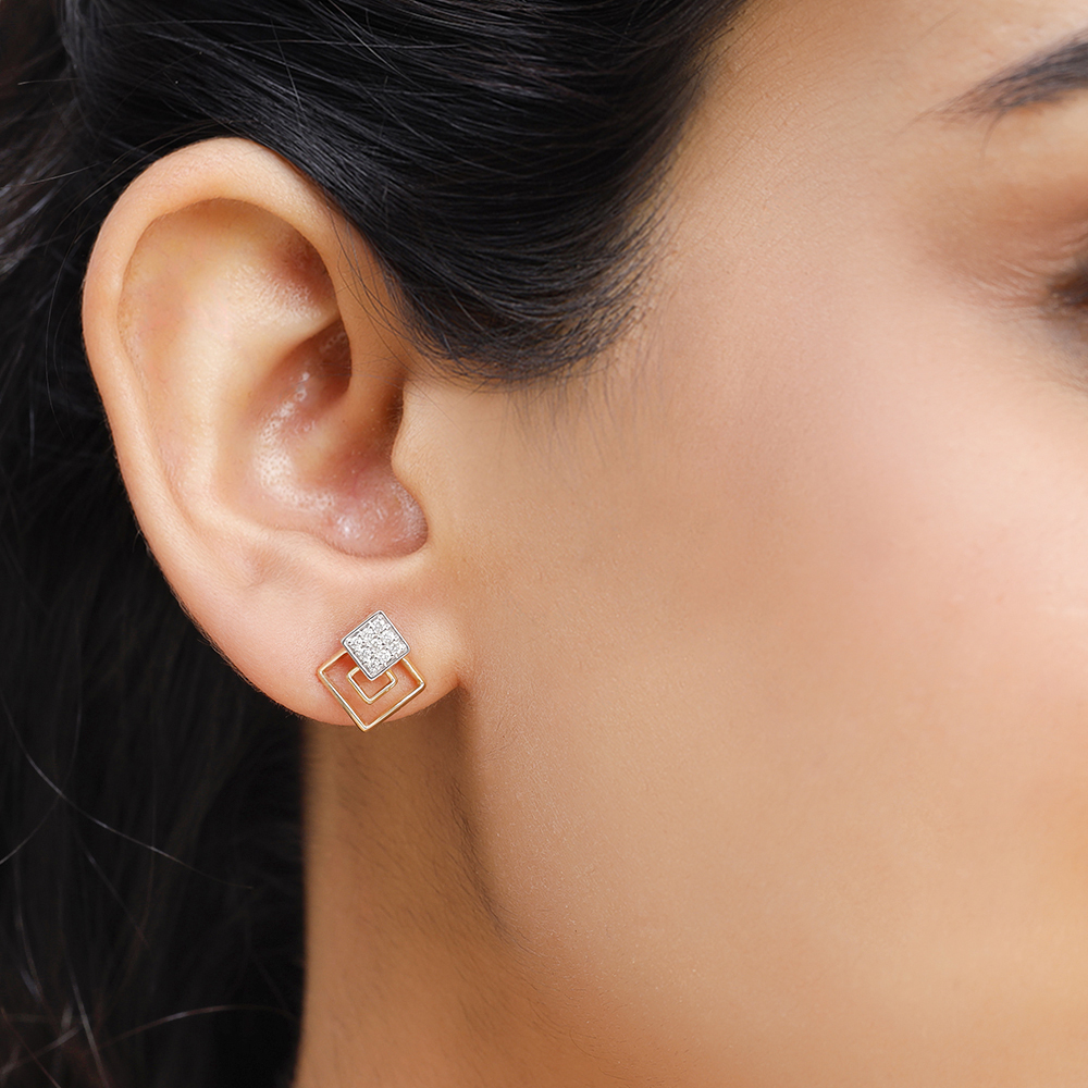 14KT  Yellow Gold Sparkling Trio of Rhombus Diamond Stud Earring,,hi-res image number null