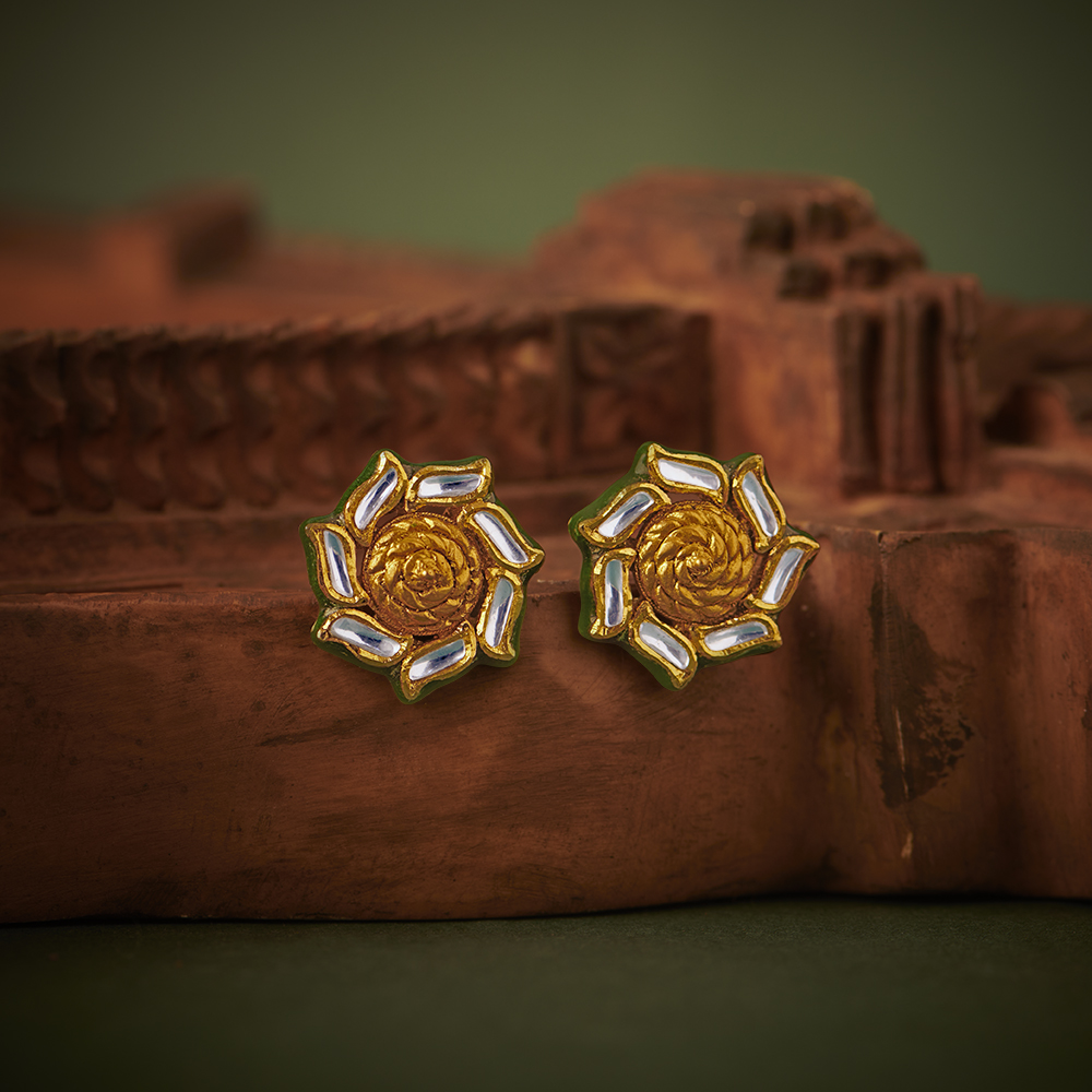 Subtle Floral Gold Stud Earrings with Stones,,hi-res image number null