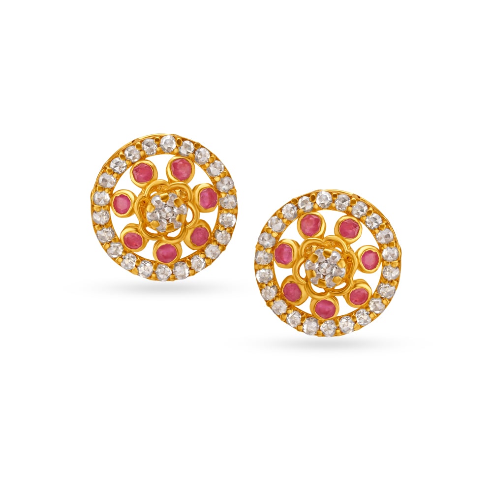 

Striking Circular Floral Ruby Gold Stud Earrings