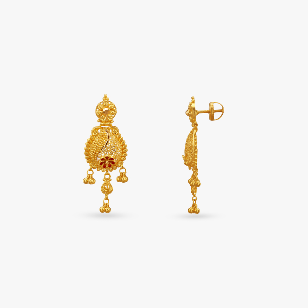 Floral Art Gold Drop Earrings,,hi-res image number null