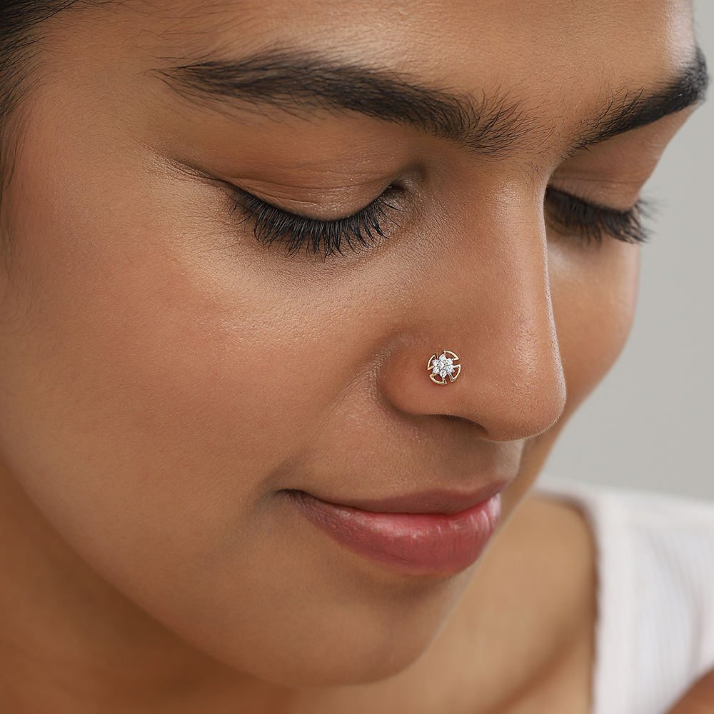 Cosmic Shield Gold and Diamond Nose Pin,,hi-res image number null