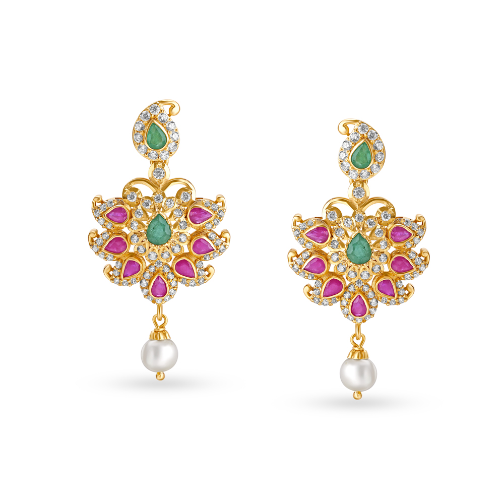 Stunning Gold Necklace Set With Cubic Zirconia, Emeralds and Pearls,,hi-res image number null
