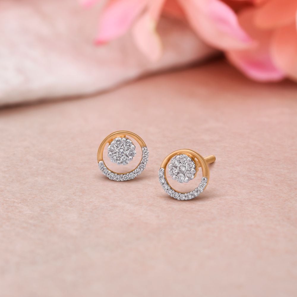 Round Floral Gold and Diamond Stud Earrings,,hi-res image number null