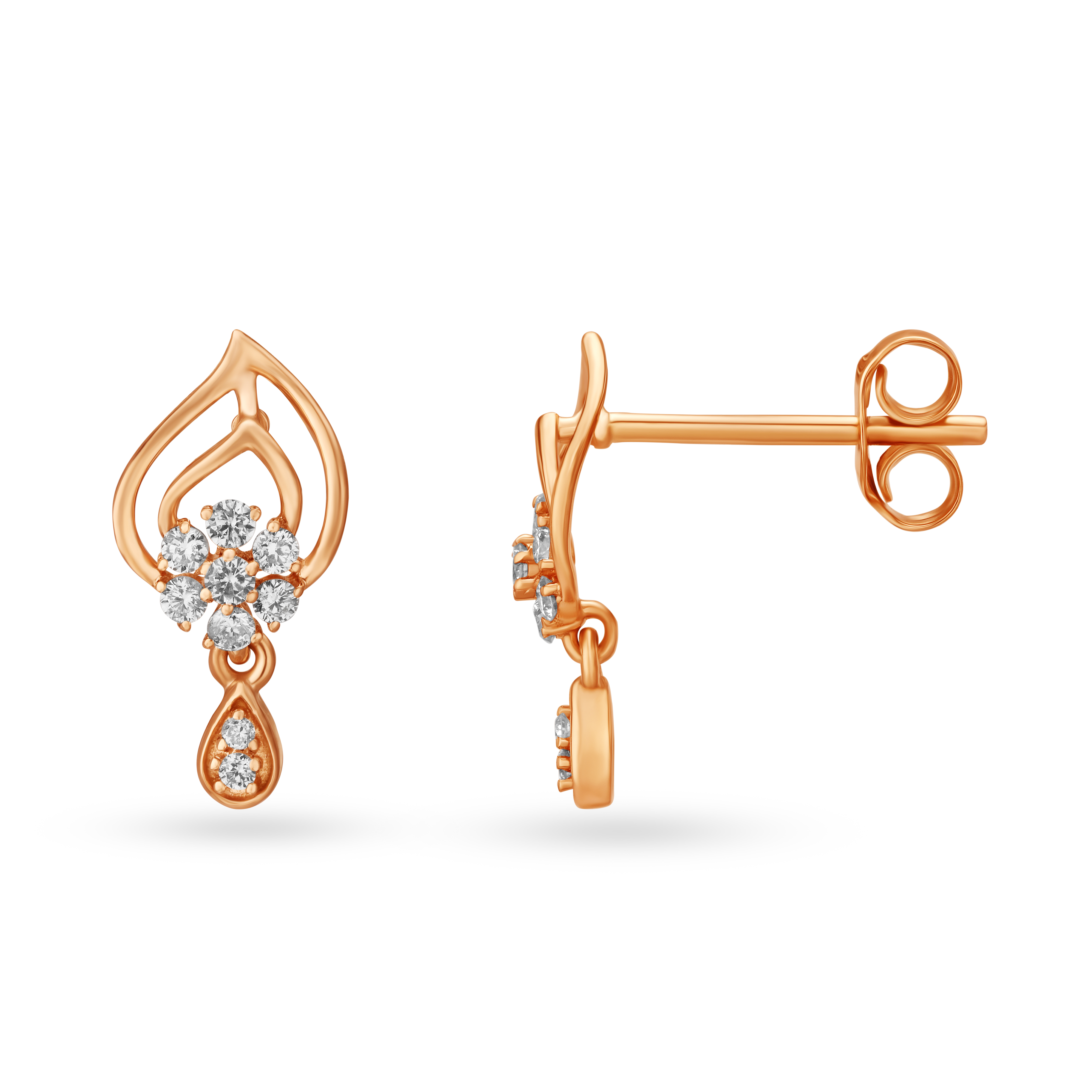 Nature Inspired Rose Gold and Diamond Drop Earrings,,hi-res image number null