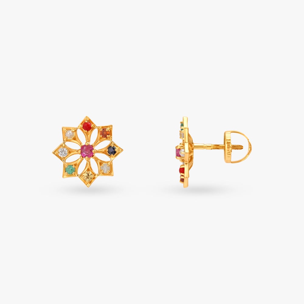 Starburst Navaratna Diamond Stud Earrings,,hi-res image number null