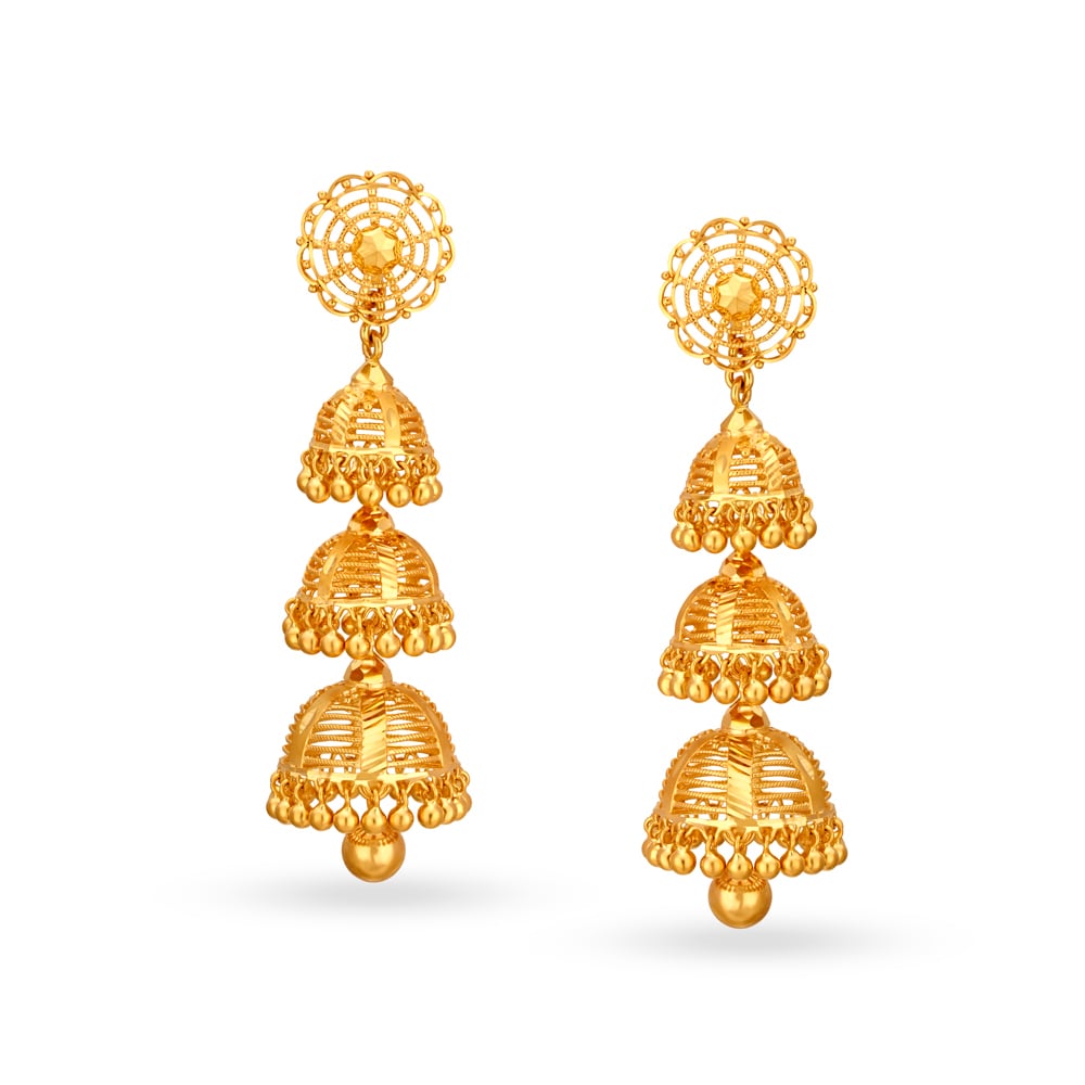 Traditional Elongated Gold Filigree 3 Layer Jhumkas,,hi-res image number null