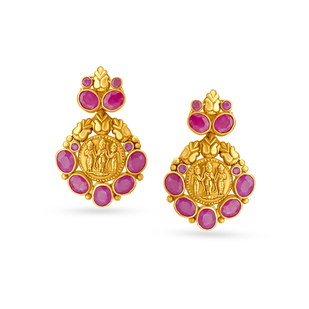 Ruby Ram Parivar Motif Gold Drop Earrings,,hi-res image number null