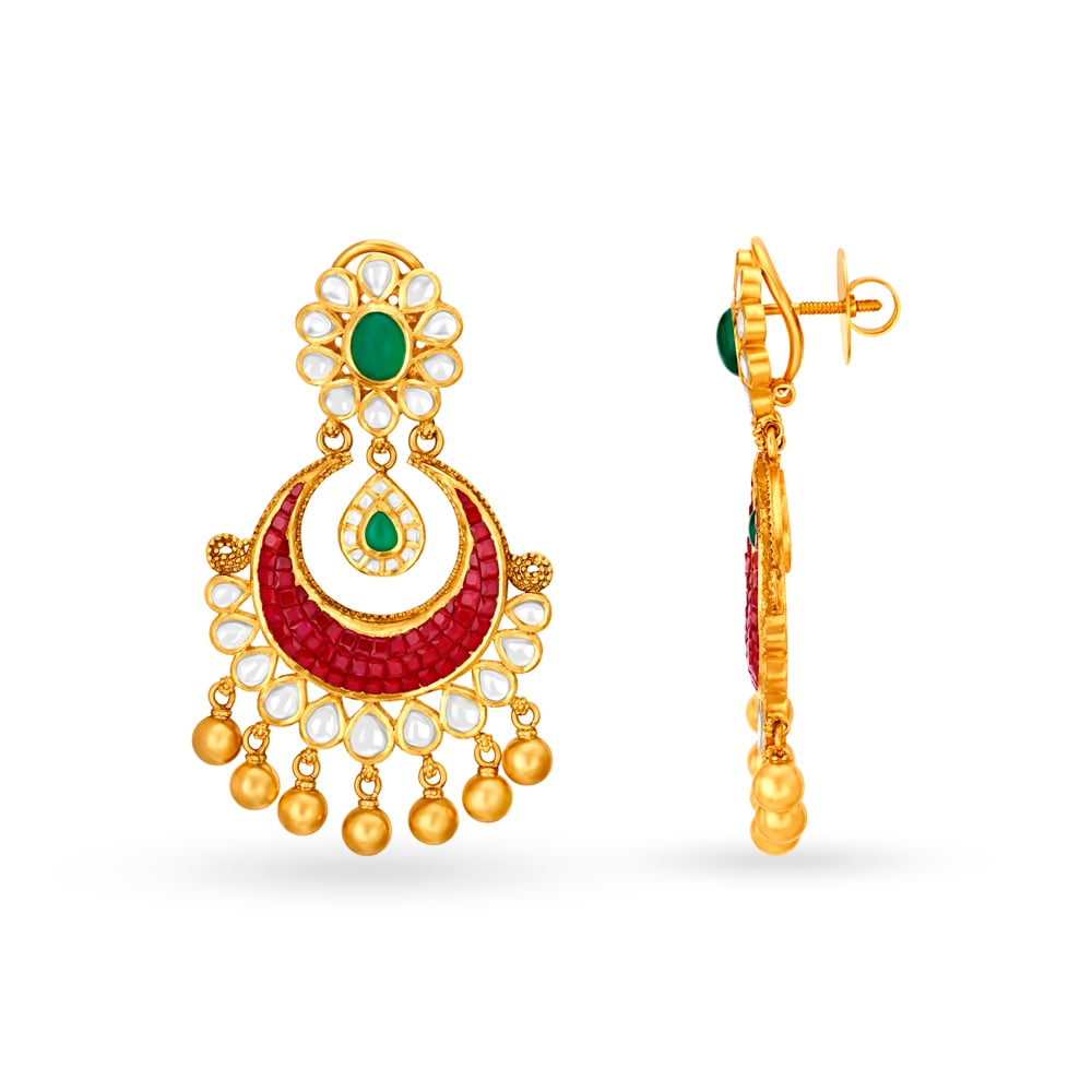 Enticing 22 Karat Gold Chandbali Style Kundan Drop Earrings,,hi-res image number null