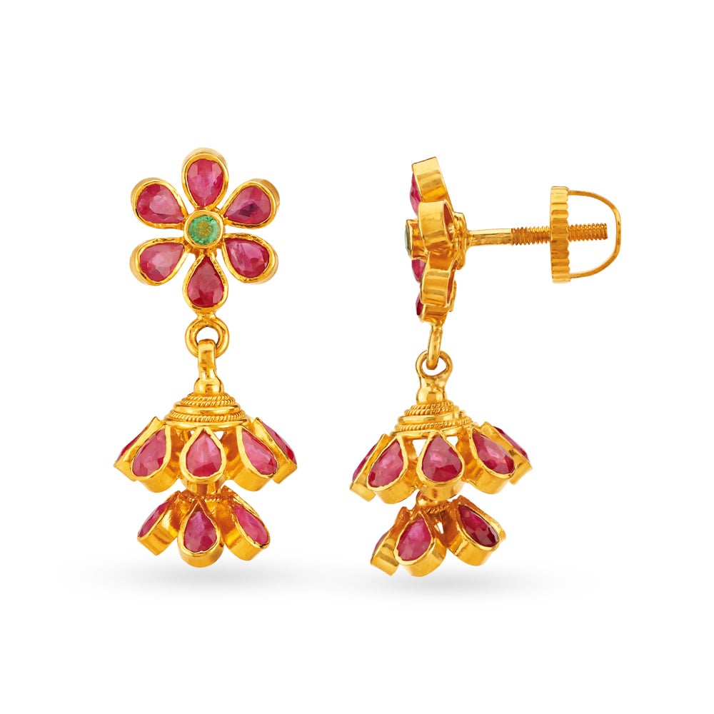 Traditional 22 Karat Gold And Ruby Drop Earrings,,hi-res image number null