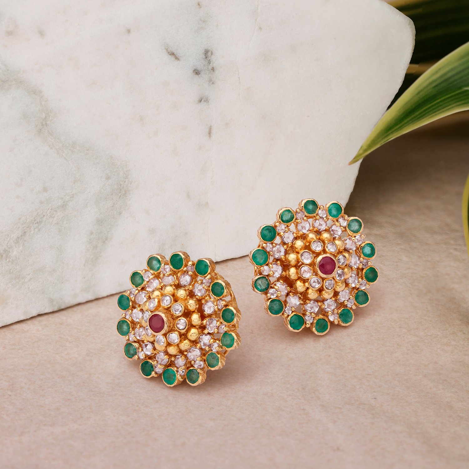 

Classy Stud Earrings with Chakri Diamonds, Rubies and Emeralds