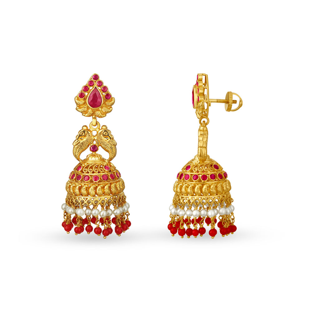 Opulent Gold Jhumkas with Pearls and Rubies,,hi-res image number null