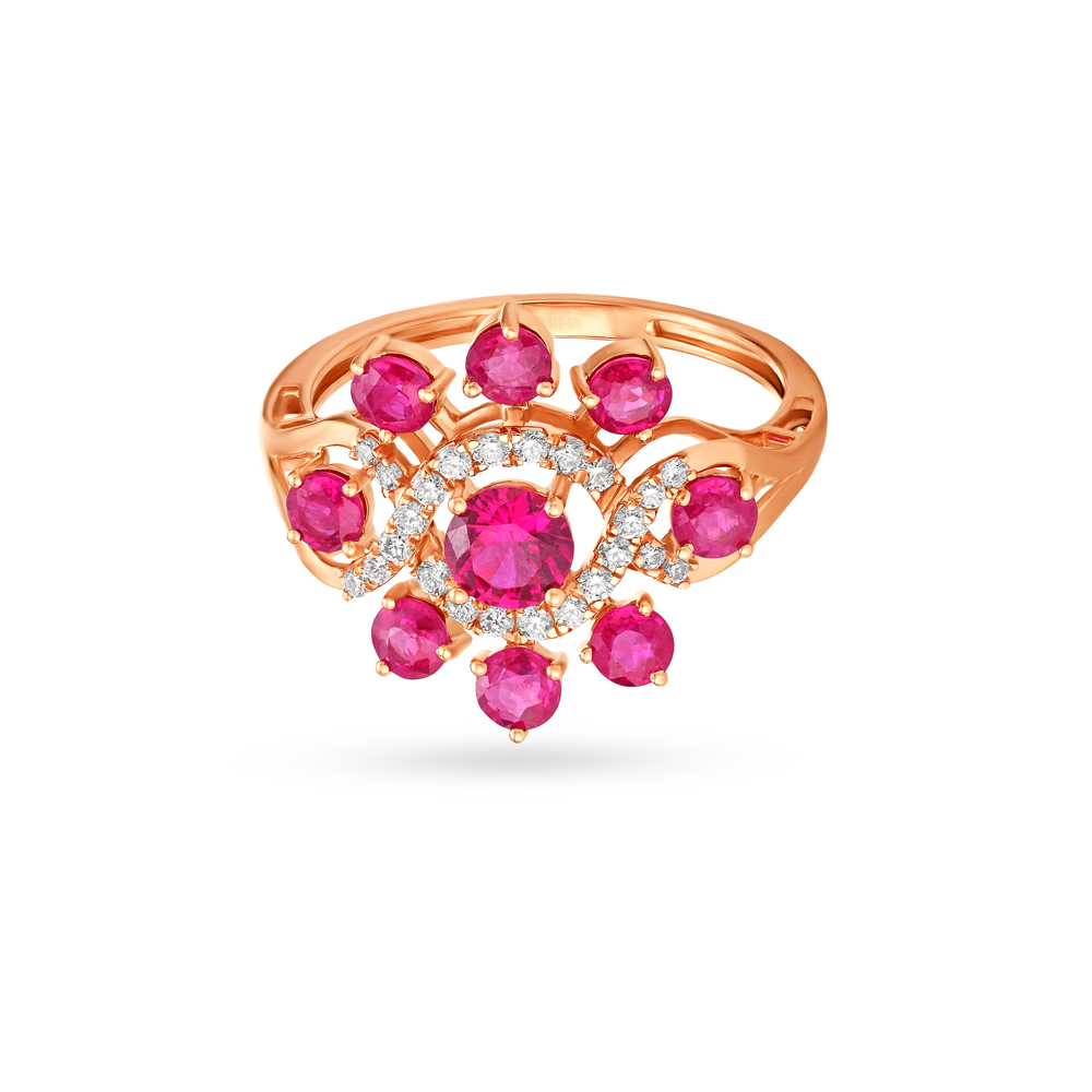 Scintillating Floral Ruby Studded Diamond Ring,,hi-res image number null