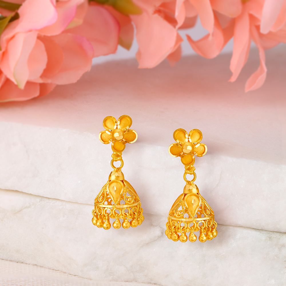 Enchanting 22 Karat Yellow Gold Floral Jhumkas,,hi-res image number null