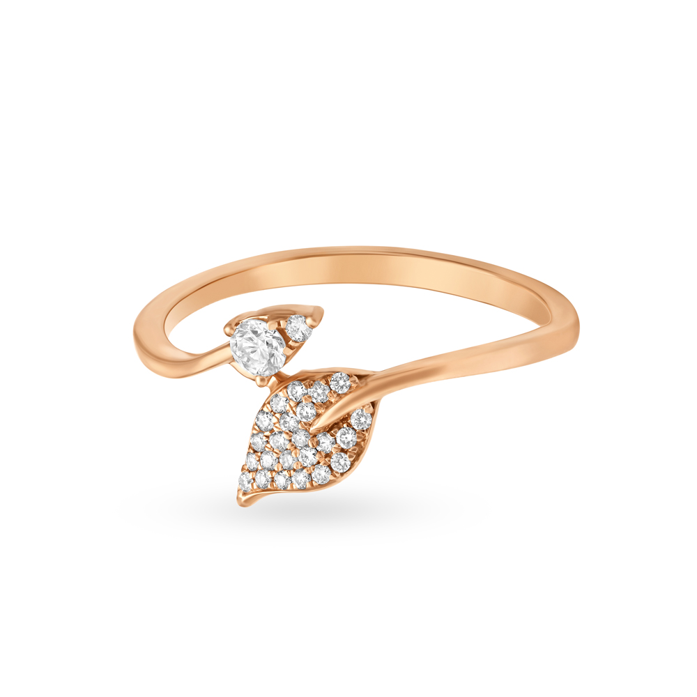 Dazzling 18 Karat Rose Gold And Diamond Studded Leaf Pattern Finger Ring,,hi-res image number null