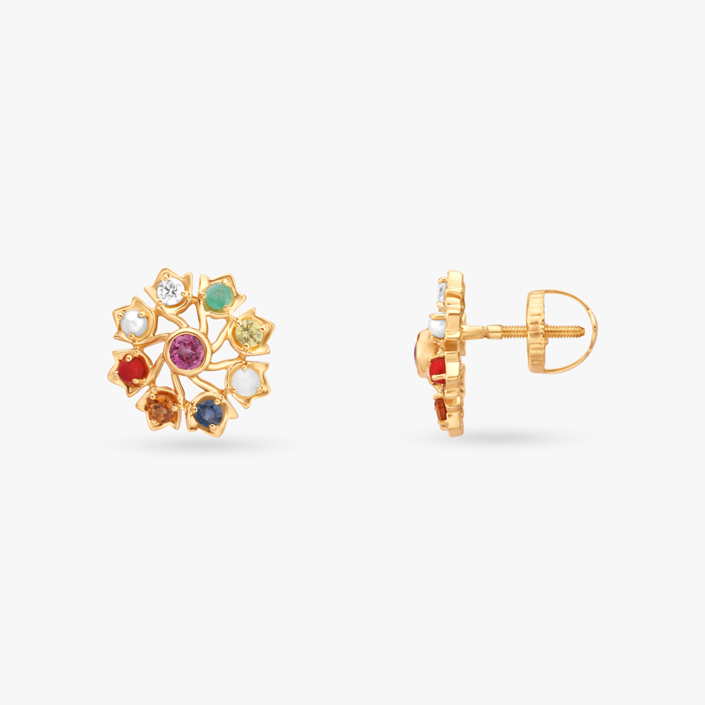 Vibrant Navaratna Diamond Stud Earrings,,hi-res image number null