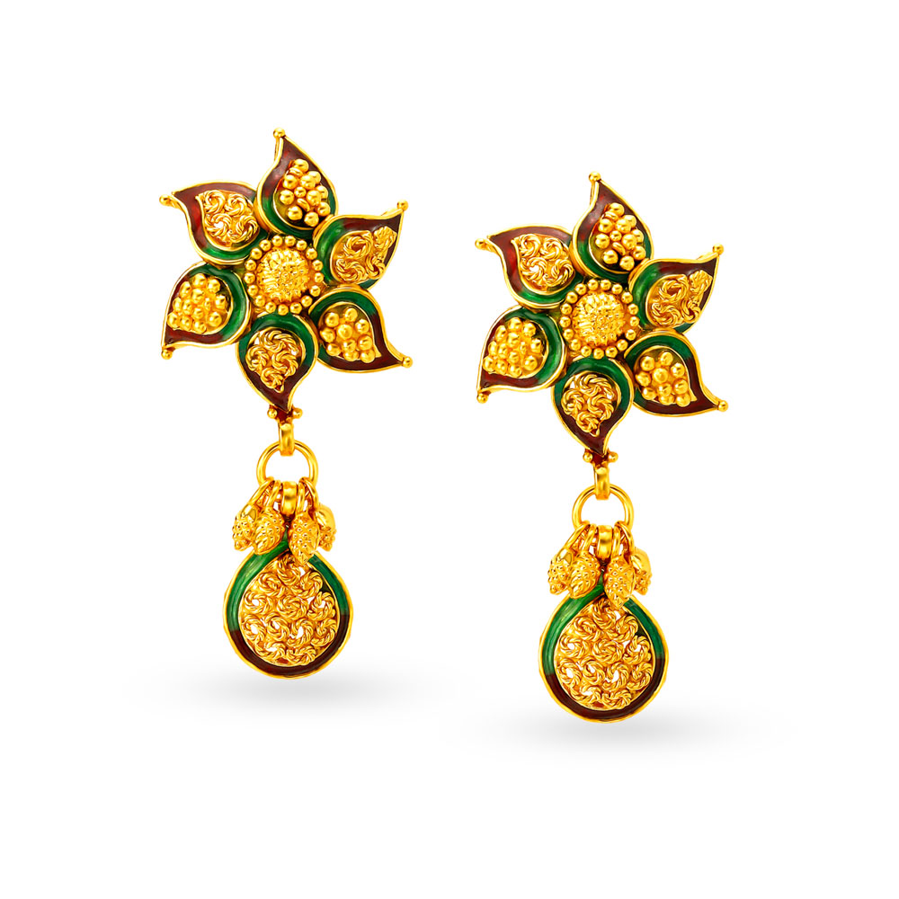 Traditional 22 Karat Yellow Gold Floral Drop Earrings