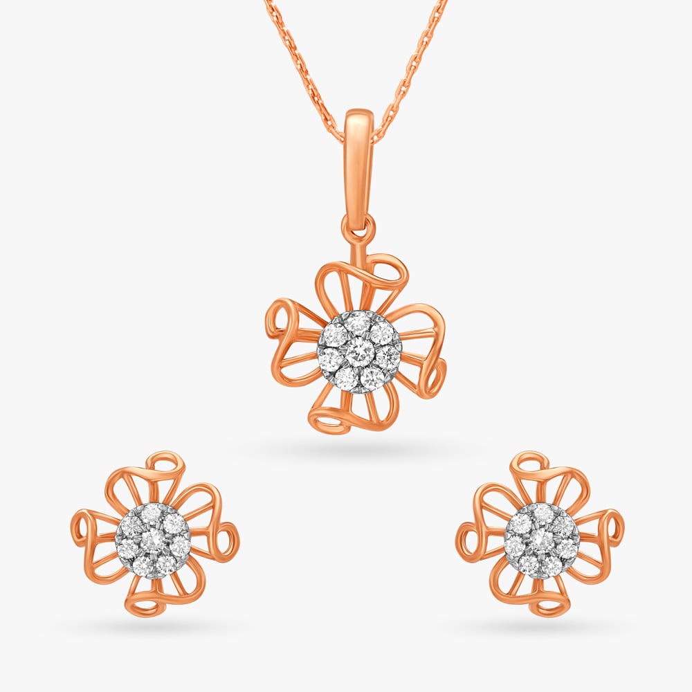 Artsy Flowers Diamond Pendant and Earrings Set