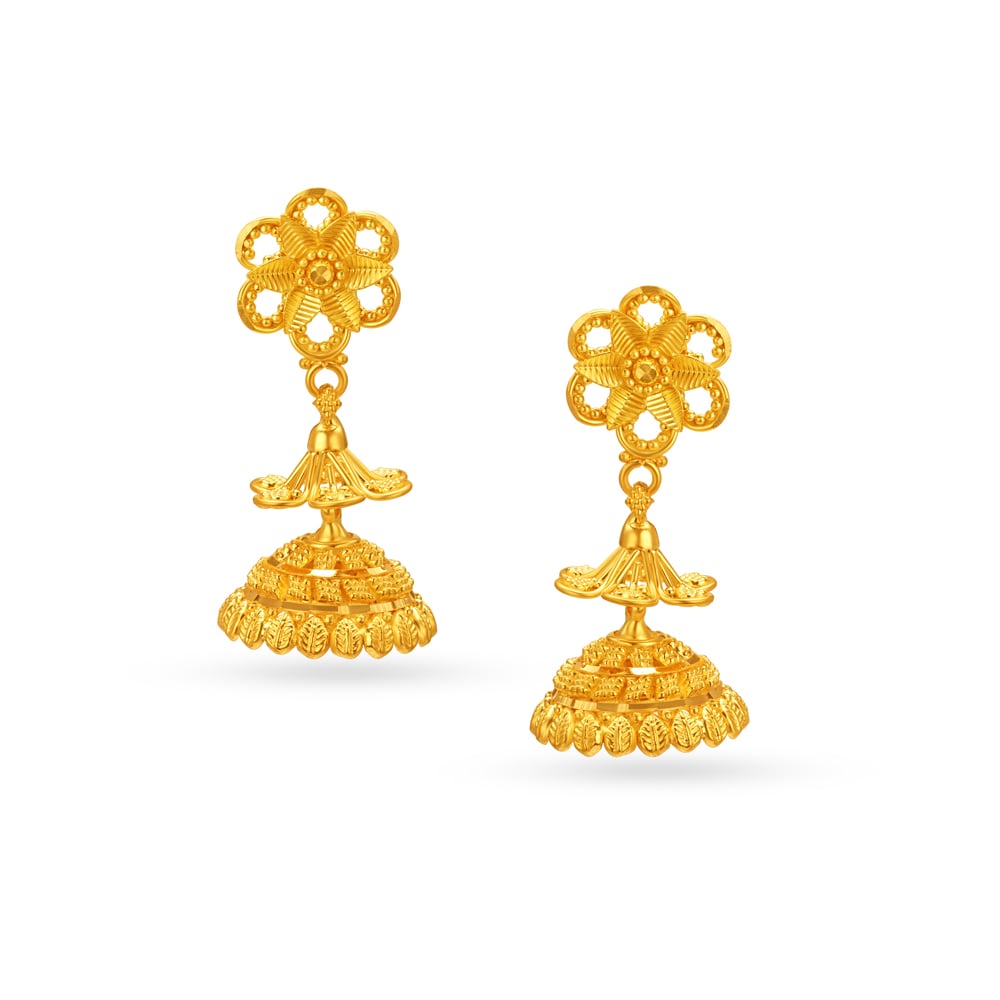 Modern Filigree Gold Stud Earrings With Kolkata Design Work